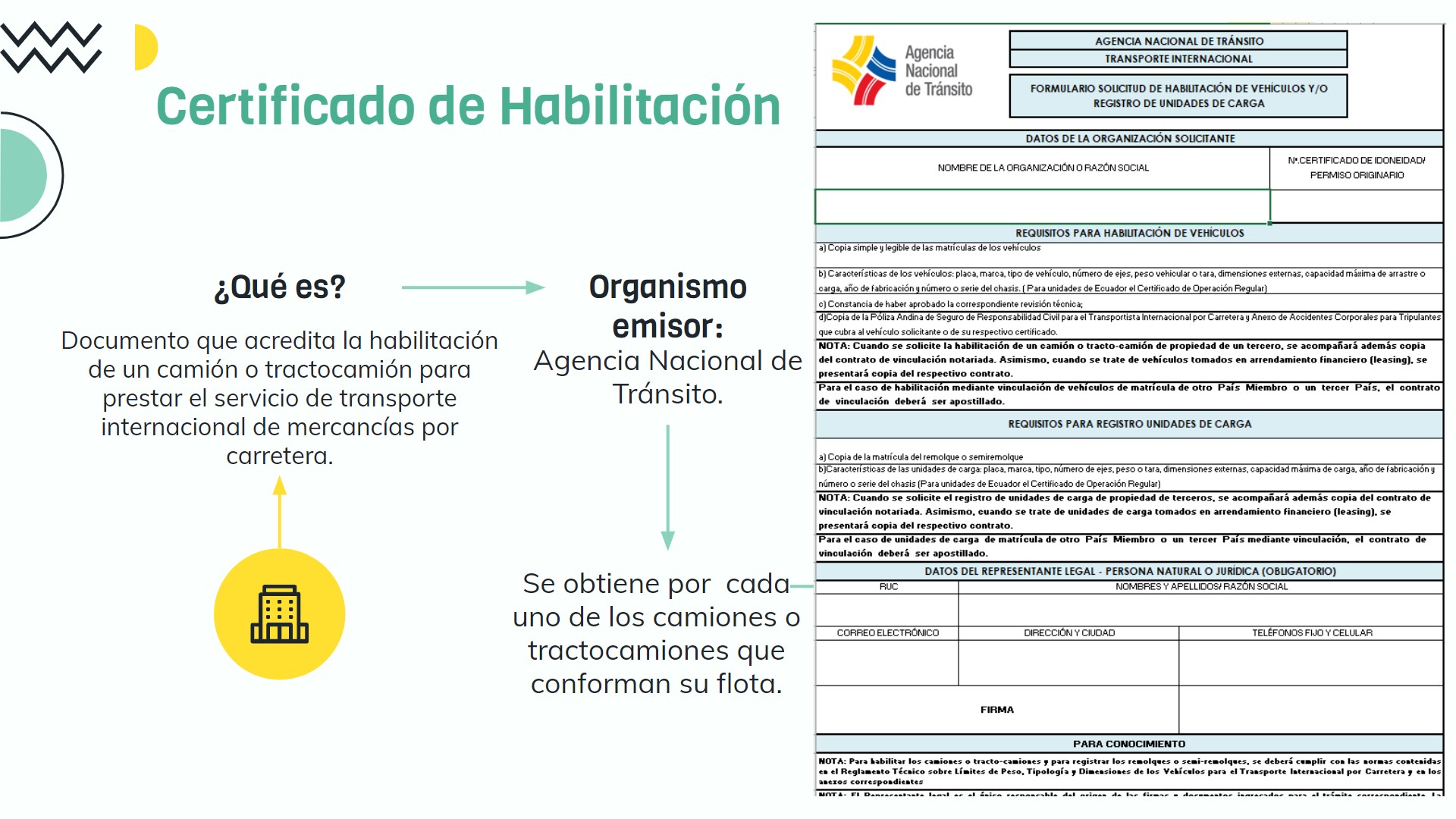 Ecuador. Habilitación de vehículo y registro de unidad de carga de operadoras nacionales que cuentan con certificado de idoneidad